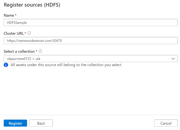Screenshot della registrazione dell'origine HDFS in Purview.