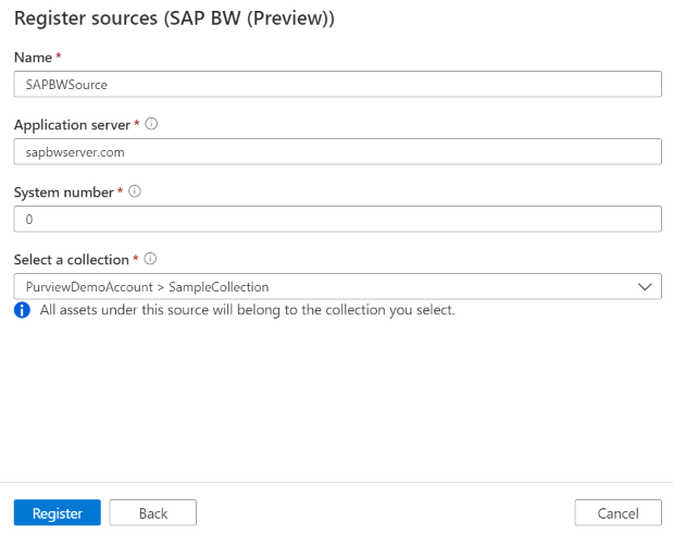 Screenshot della registrazione di un'origine SAP BW.