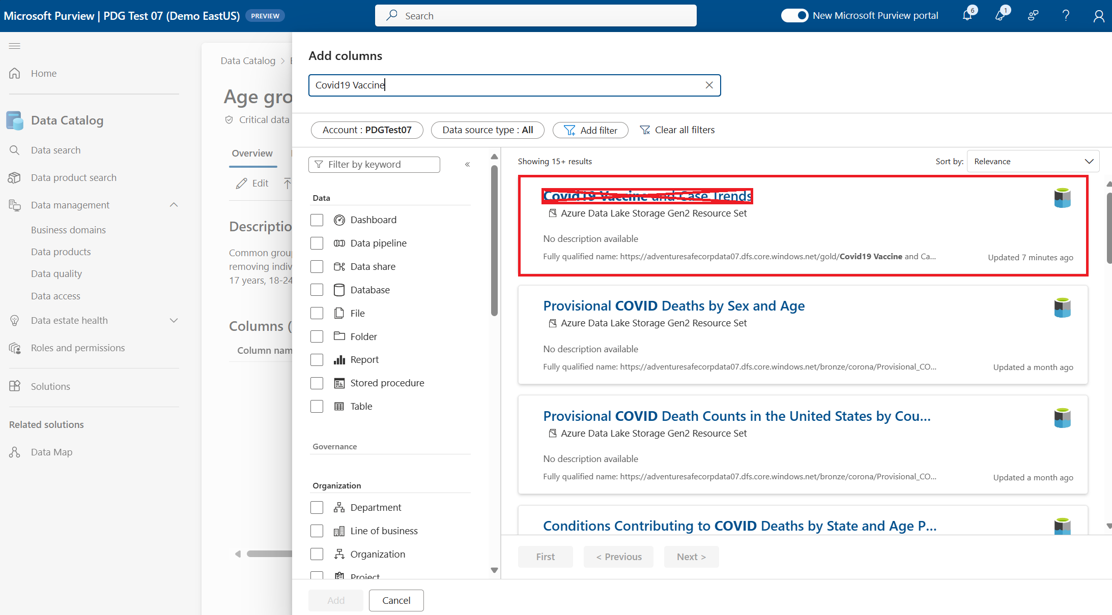 Screenshot of selecting add from column selected for a critical data element.