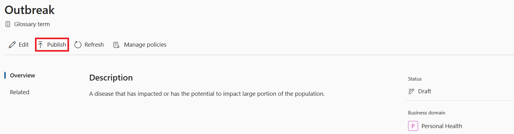 Screenshot of publishing a glossary term.