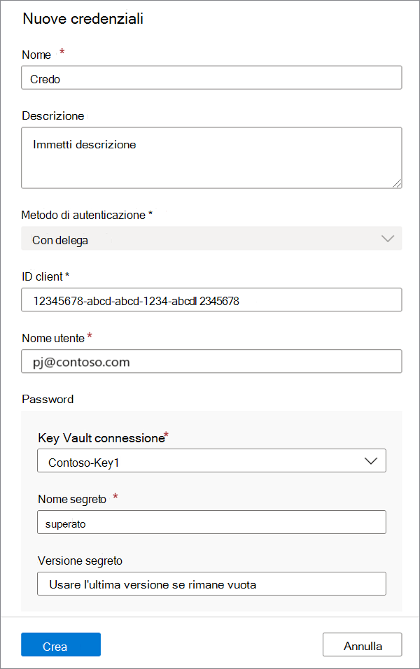 Screenshot of the new credential menu, showing Fabric credential for Delegated Auth with all required values supplied.