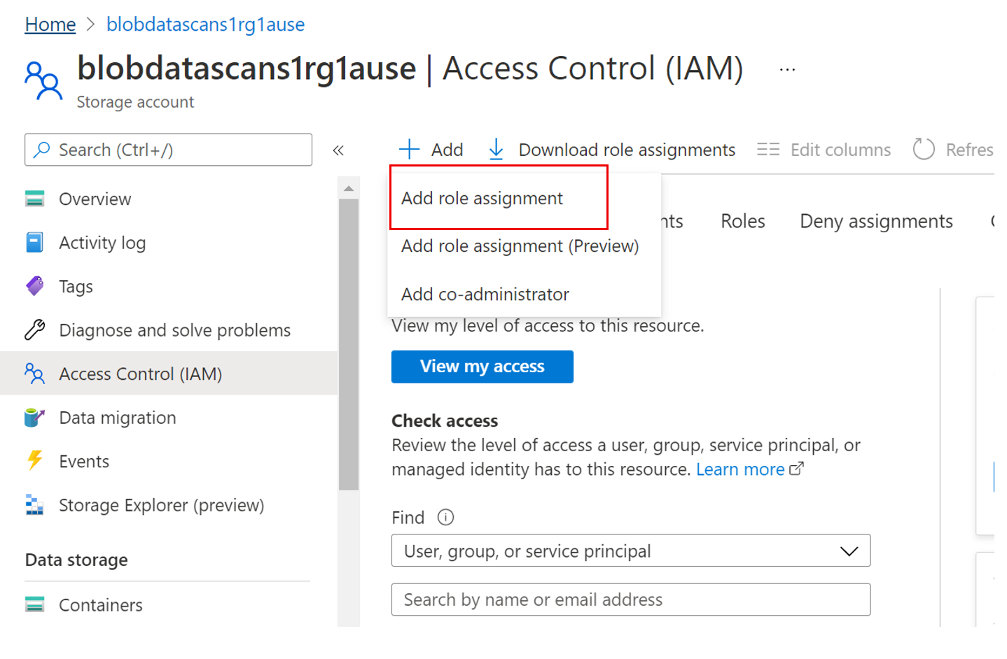 Screenshot che mostra il controllo di accesso per l'account di archiviazione