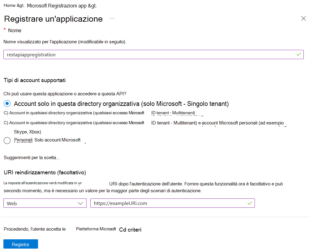 Screenshot della pagina di registrazione dell'applicazione, con le opzioni precedenti compilate.