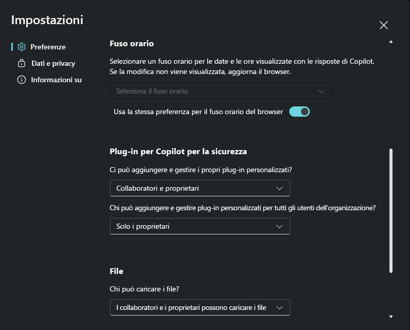 Screenshot che mostra le opzioni di controllo per plug-in personalizzati e plug-in di prima parte in anteprima.