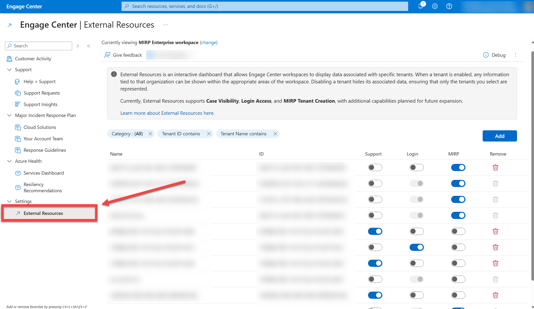  Sezione Risorse esterne nel menu sul lato Engage Center. 