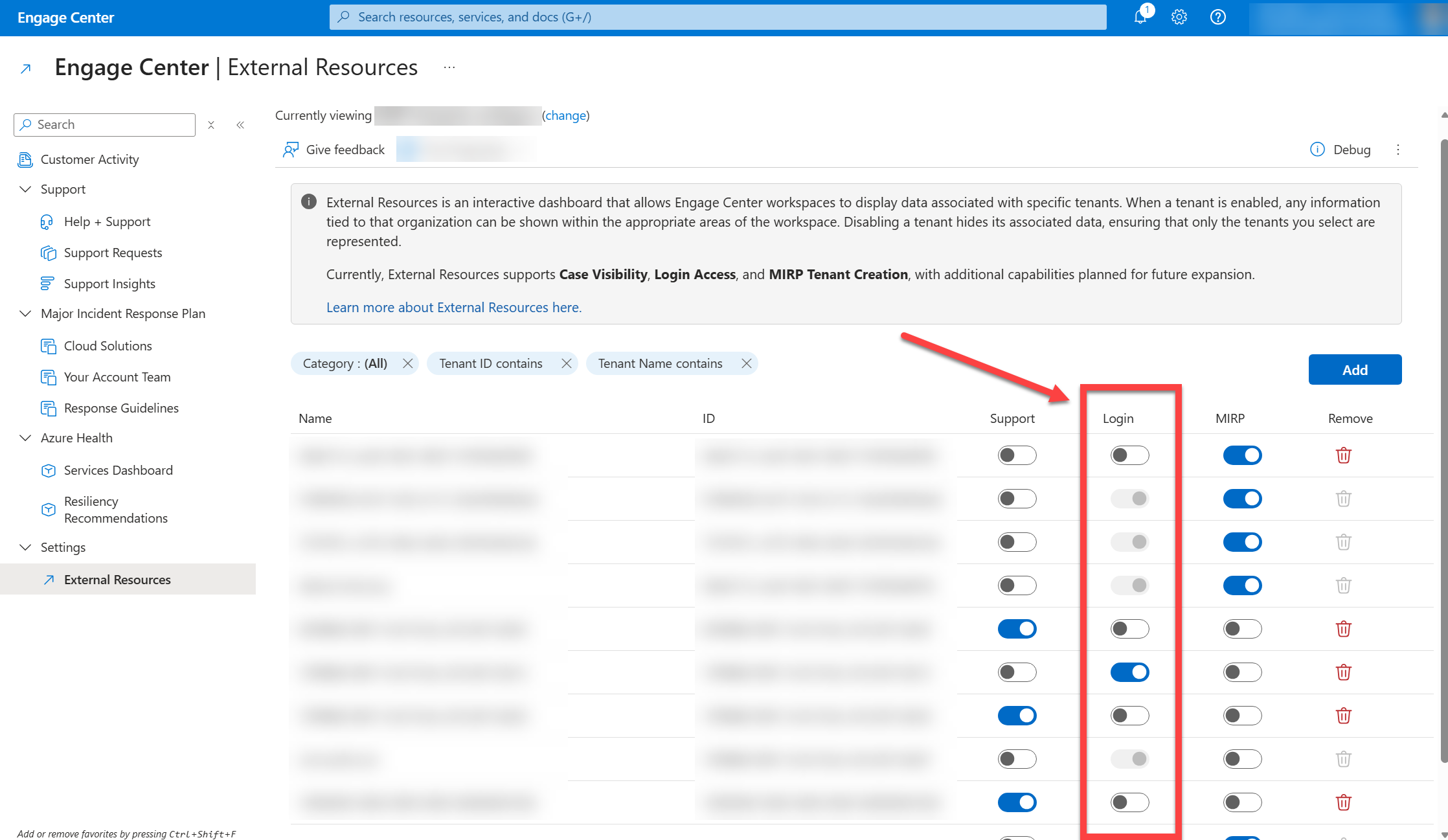  Colonna di Login dell'elenco di clienti. 