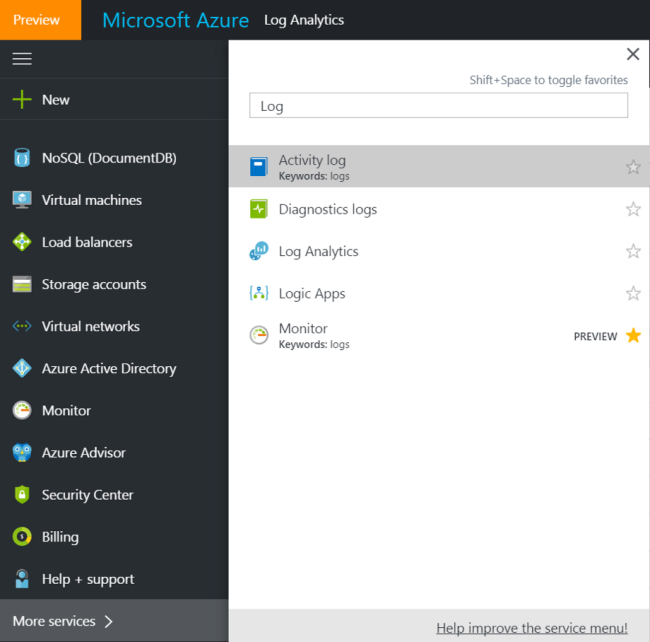 Microsoft Azure che mostra la parola Log immessa nella barra di ricerca.