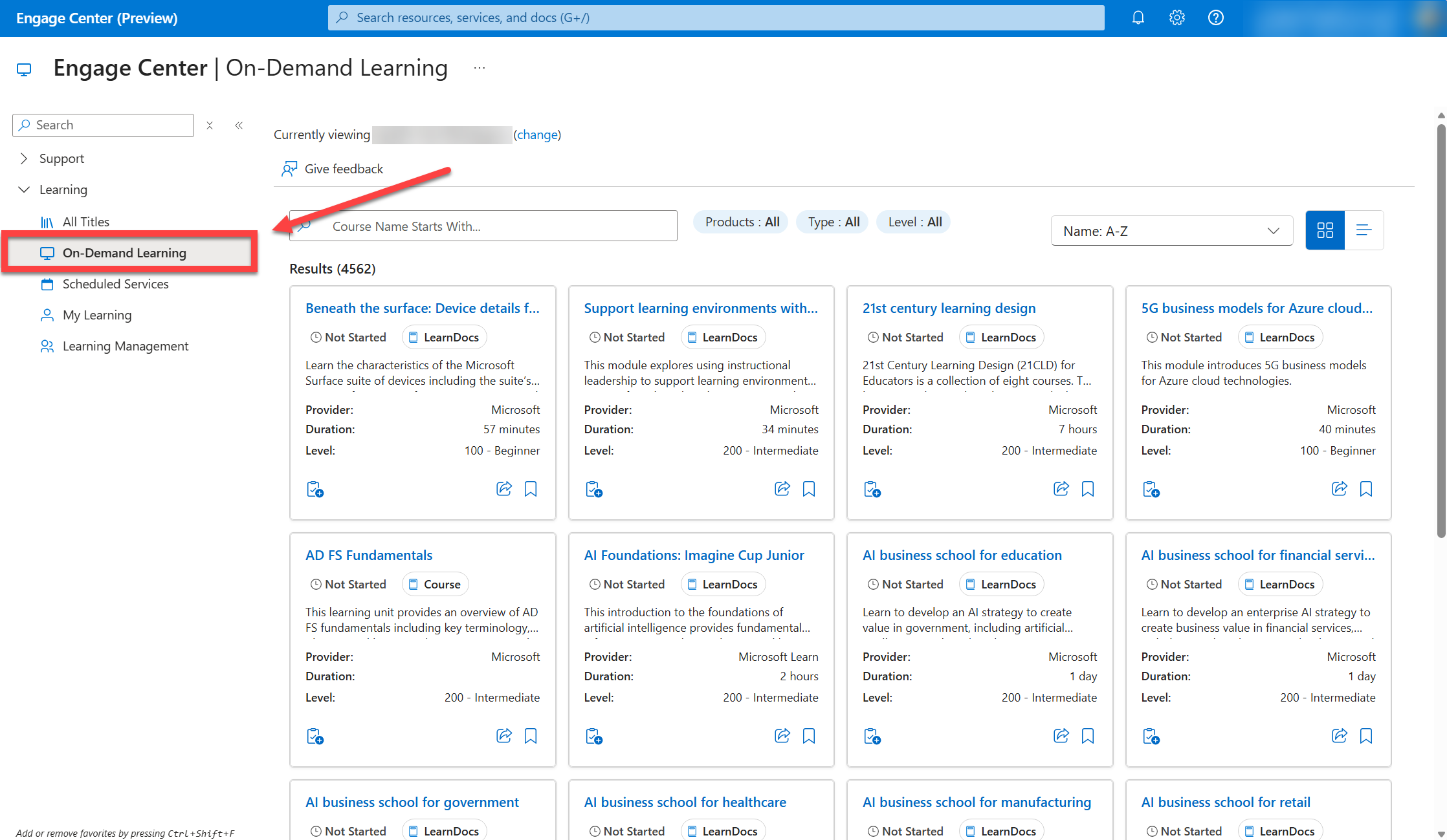 Pagina Di apprendimento su richiesta nella sezione Learning.