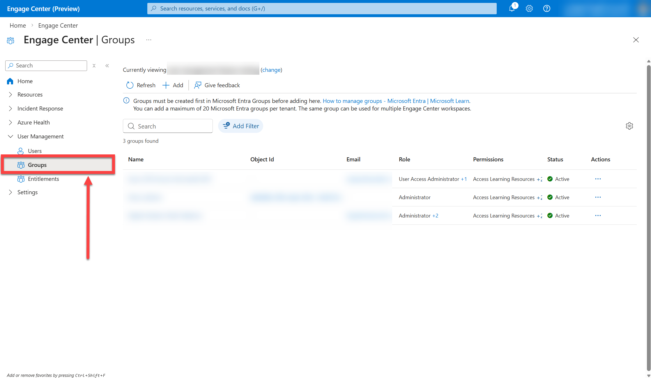 La sezione Gestione utenti di Microsoft Engage Center con la scheda Gruppi selezionata.