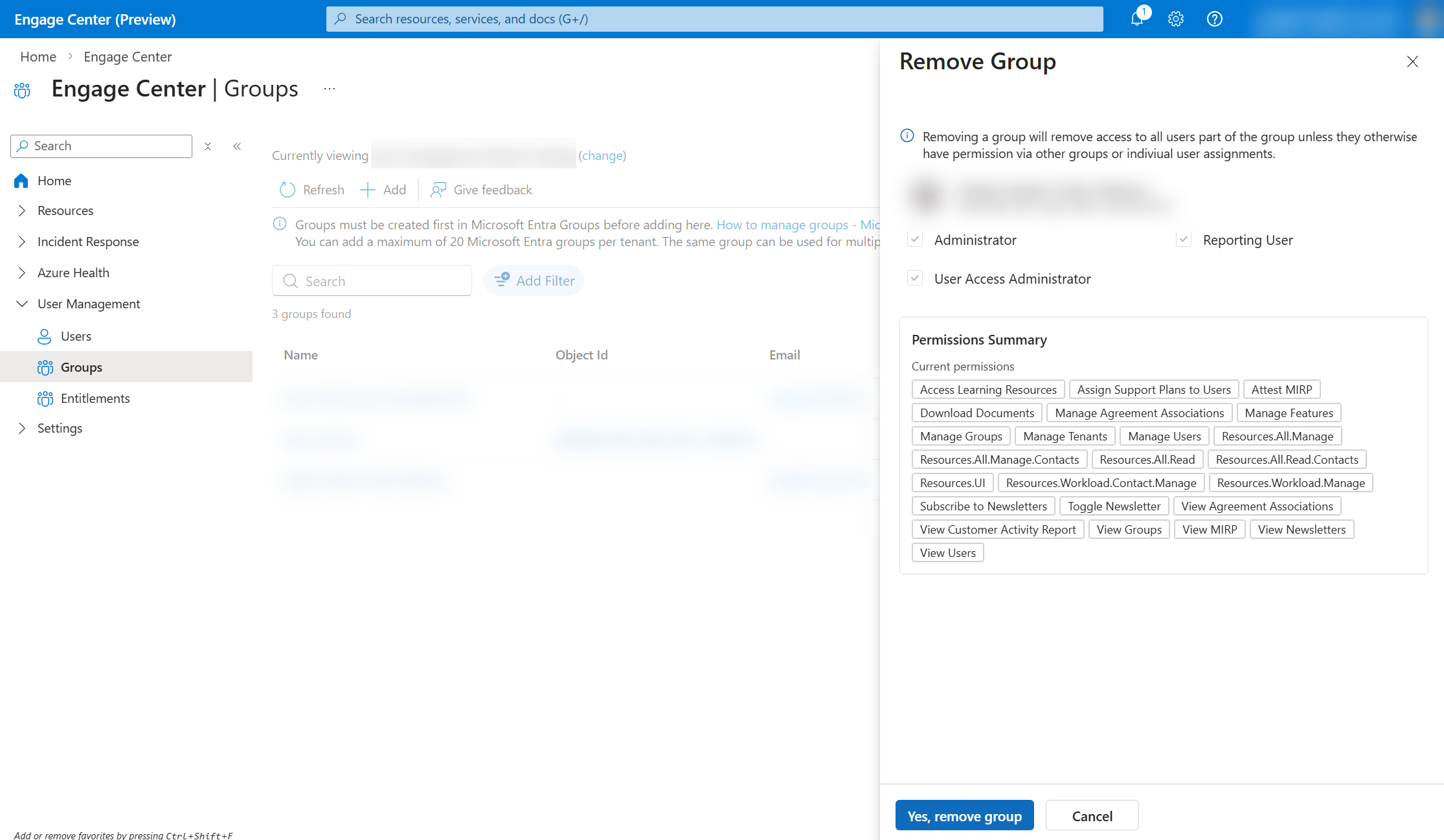 Modificare il riquadro di accesso al gruppo con l'opzione di rimozione.
