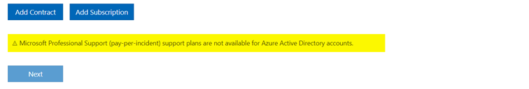 Una notifica evidenziata in cui si legge che i piani di Supporto professionale Microsoft non sono disponibili.