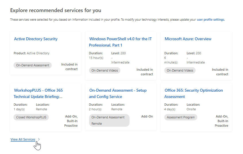 Pagina di destinazione del Catalogo dei servizi, che mostra il cursore del mouse che passa sopra il collegamento Visualizza tutti i servizi.