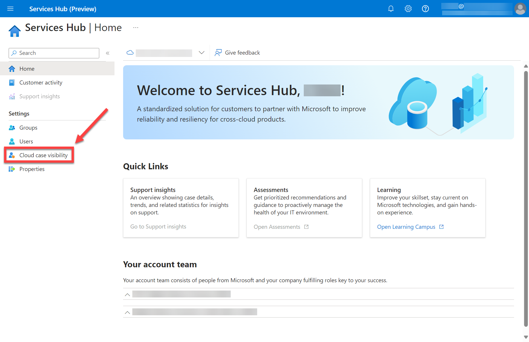 Home page di Services Hub Preview.