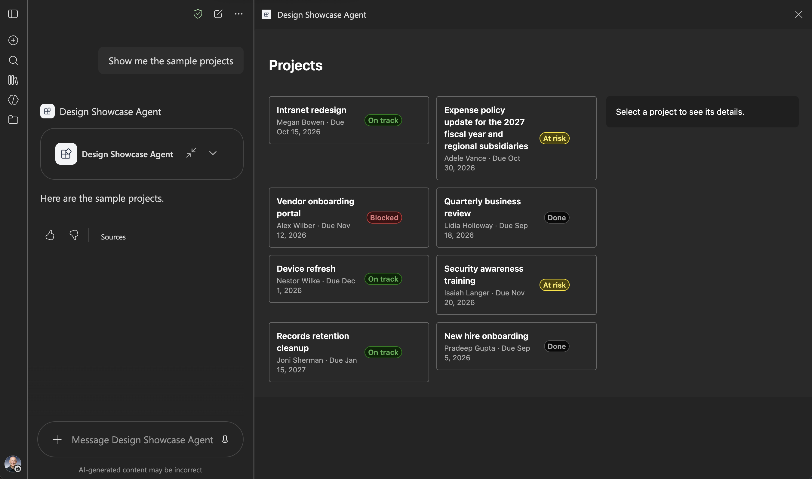 The fullscreen view in Microsoft 365 Copilot in the dark theme, with eight project cards in two columns and a details pane next to them