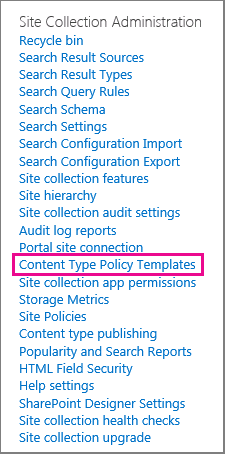 Collegamento Modello di criteri tipo di contenuto nella pagina Impostazioni sito.