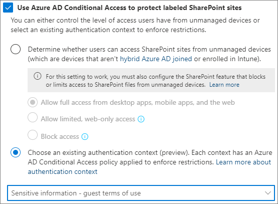 Screenshot delle impostazioni dell'etichetta di riservatezza del contesto di autenticazione Microsoft Entra