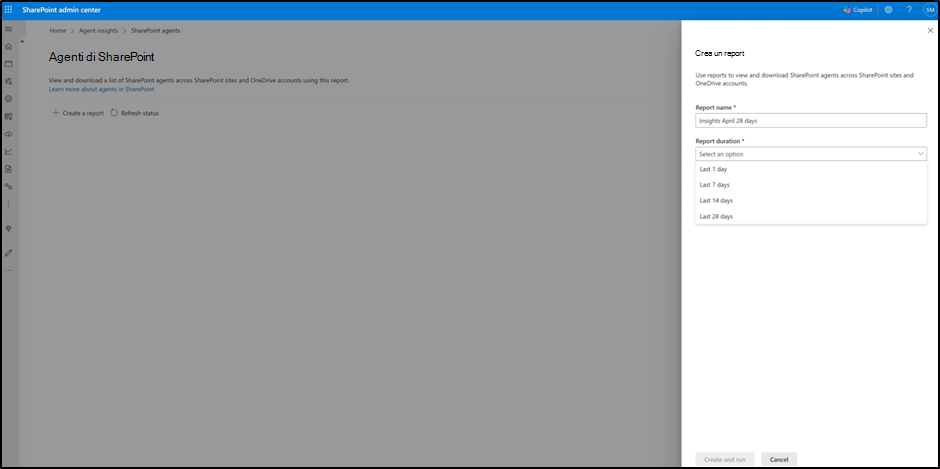 Screenshot che mostra come specificare l'intervallo di tempo del report in SharePoint Agent Insights.
