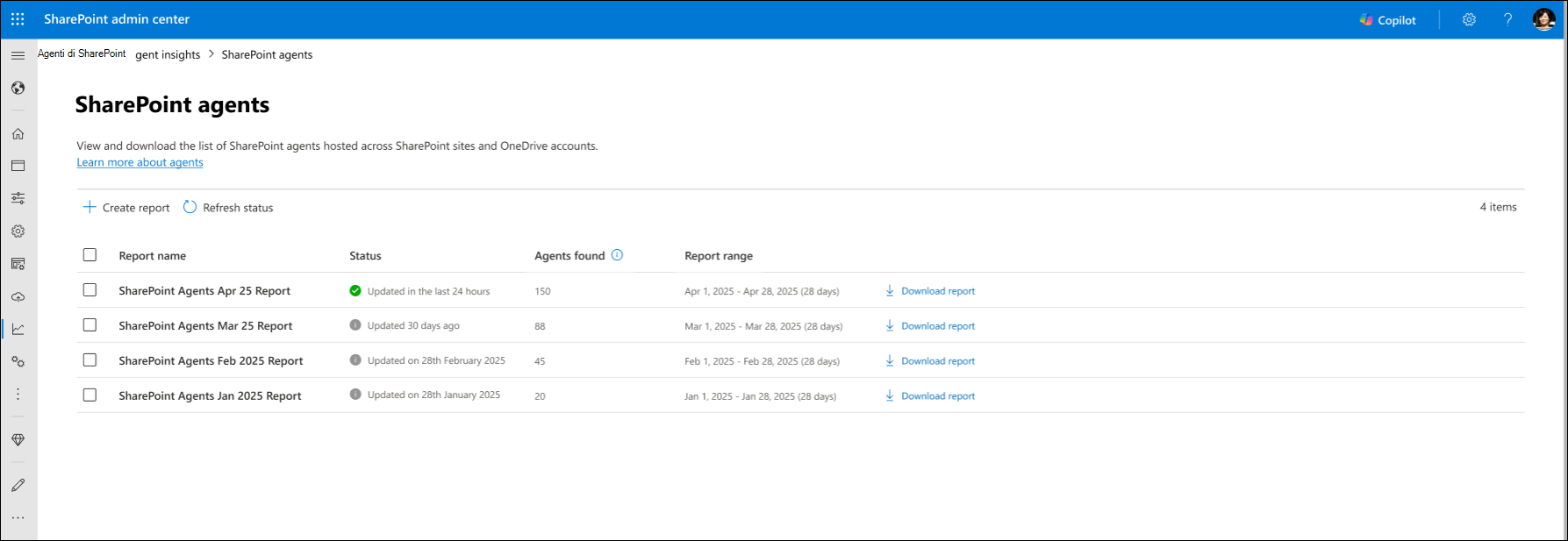 Screenshot dello stato del report.