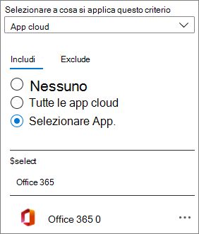 Screenshot dell'app cloud Office 365 in un criterio di accesso condizionale di Azure Active Directory