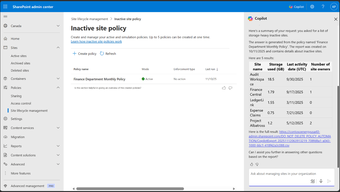 Agente di amministrazione di SharePoint che analizza il ciclo di vita dei siti e fornisce un riepilogo dei siti inattivi con un utilizzo elevato delle risorse di archiviazione.