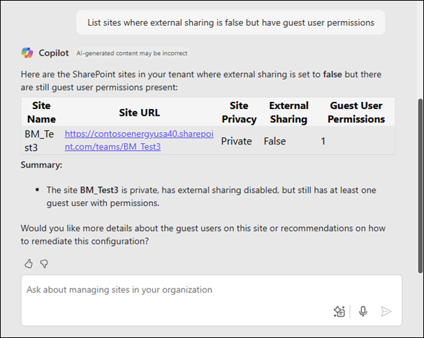 Agente di amministrazione di SharePoint che analizza le autorizzazioni del sito e fornisce un riepilogo dei risultati con condivisione esterna disabilitata ma con autorizzazioni utente guest presenti.