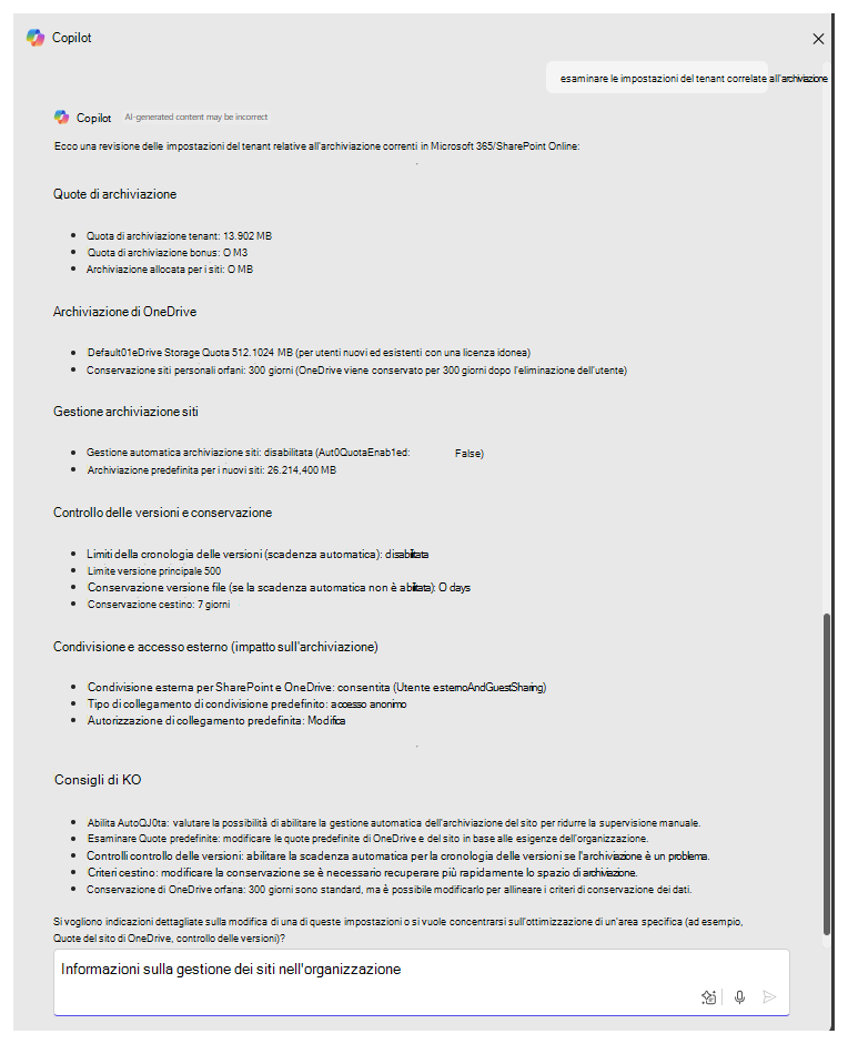 Agente di amministrazione di SharePoint che fornisce un riepilogo delle impostazioni di archiviazione di SharePoint insieme a consigli per l'ottimizzazione.
