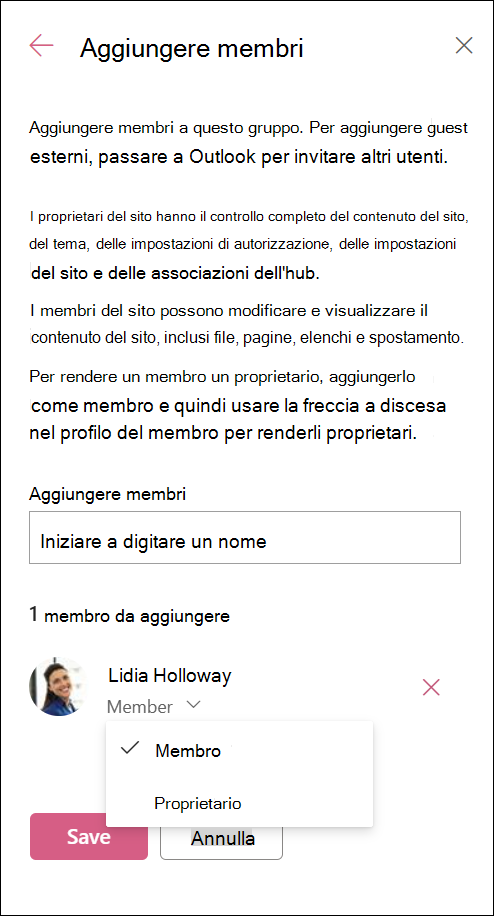 Screenshot dell'aggiunta di membri a una finestra di dialogo di gruppo.