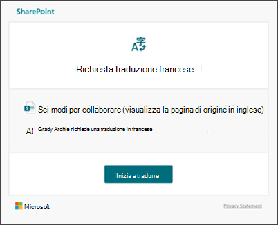 Immagine di una richiesta di traduzione di posta elettronica.