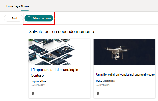 Screenshot del lettore di notizie con il pulsante Salva per dopo evidenziato.