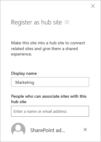 Pannello del sito Registra come hub