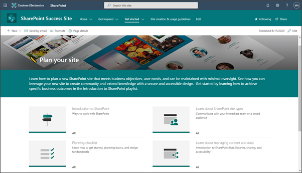 Immagine della pagina di destinazione di SharePoint Success Site, pianificare il sito