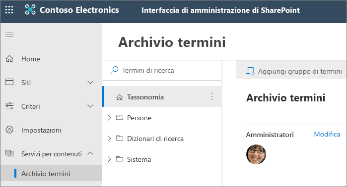 Screenshot dello strumento di gestione dell'archivio termini