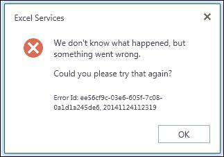 Screenshot che mostra l'errore di un errore di Excel Services.