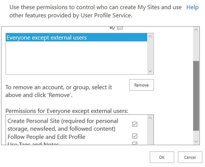 Screenshot del gruppo di autorizzazioni Tutti tranne gli utenti esterni e l'opzione Crea sito personale nella finestra di dialogo Crea autorizzazione sito personale.