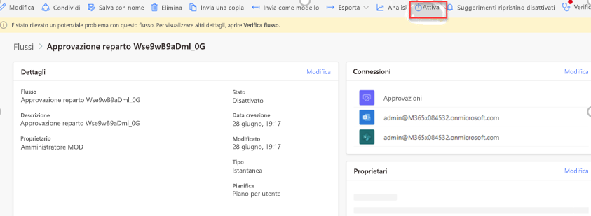 Attivare il flusso di lavoro dopo la configurazione dei riferimenti alla connessione.