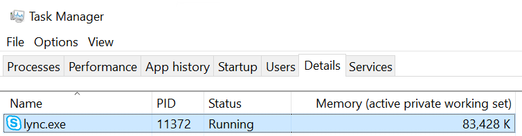 Screenshot che mostra i dettagli dell'app Lync nella finestra gestione attività con valori di memoria 83.428K.