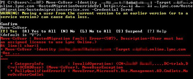 Screenshot che mostra il messaggio di errore dopo l'esecuzione del cmdlet Move-CsUser in Skype for Business Online PowerShell.