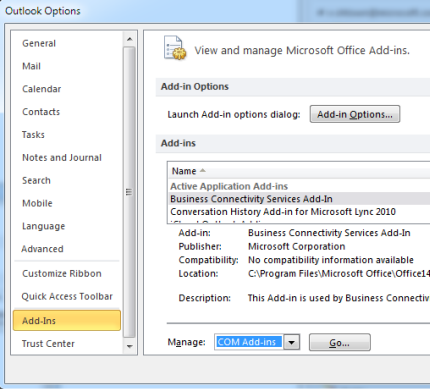 Screenshot che mostra i componenti aggiuntivi COM impostati nel menu Gestisci.