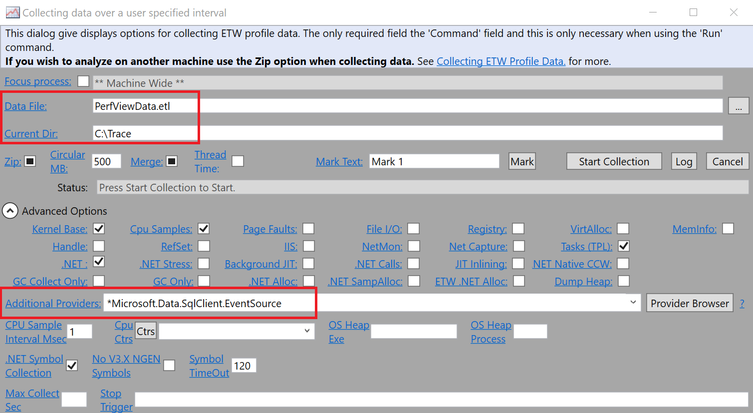 Configurare Prefview prima della raccolta