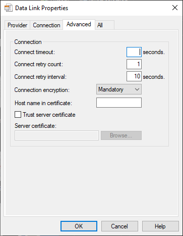 Screenshot delle pagine di collegamento dati di OLE DB - Scheda Avanzate.