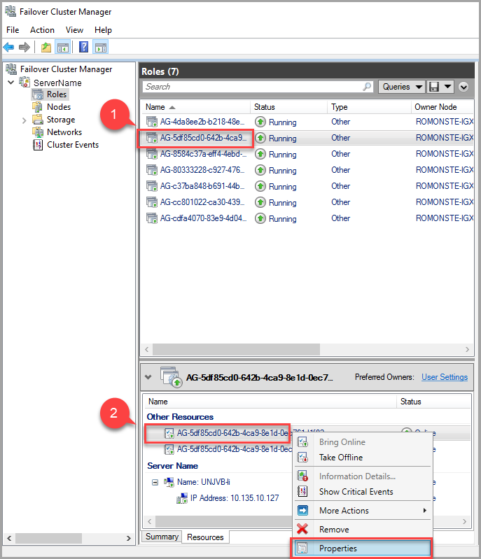 Screenshot di Gestione cluster di failover.