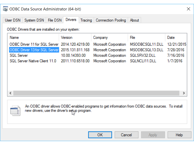 Installed 64-bit ODBC drivers