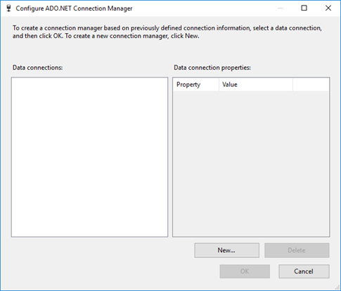 Screenshot della finestra di dialogo Configura gestore connessione ADO.NET. I controlli sono disponibili per l'impostazione e la configurazione dei gestori connessione.