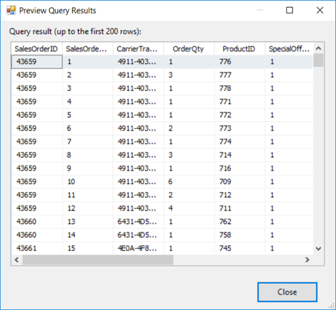 Screenshot della finestra di dialogo Risultati anteprima query. Sono visibili diverse righe di dati di vendita dalla tabella originale.