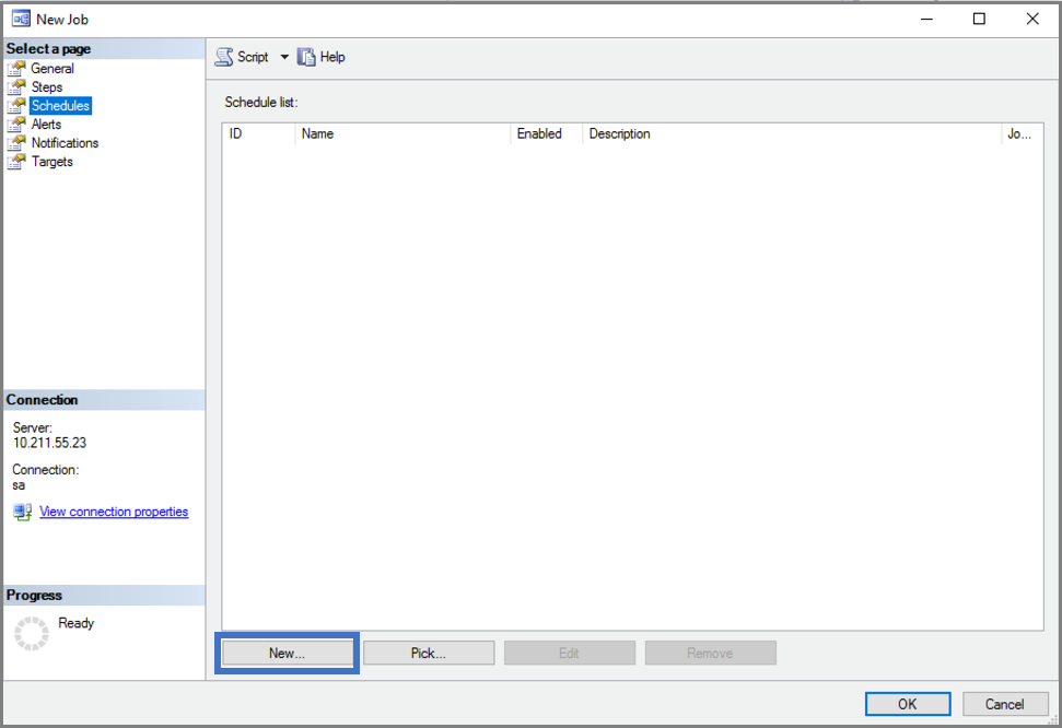 Screenshot della finestra di dialogo Nuovo processo con l'opzione Pianificazioni e l'opzione Nuovo evidenziate.