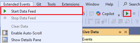 Schermata dell'opzione di avvio del flusso di dati nel menu degli eventi estesi in SSMS.