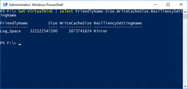 Get-VirtualDisk Screenshot di una finestra di Windows PowerShell che mostra l'output del cmdlet Get-VirtualDisk.