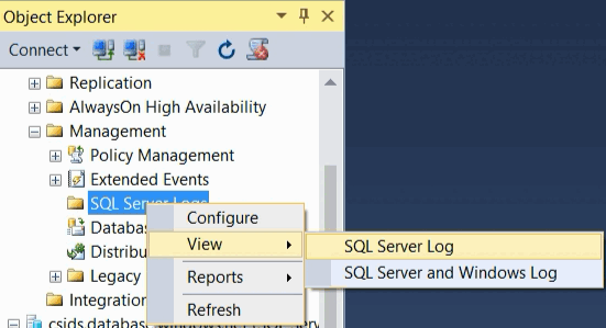 Visualizzare il log di SQL Server in SSMS.