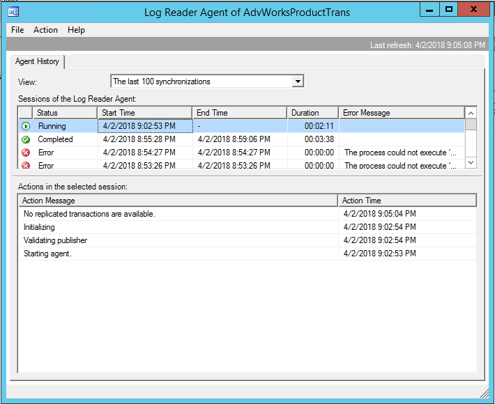 Screenshot di Agente di lettura log in esecuzione con nessuna transazione replicata.