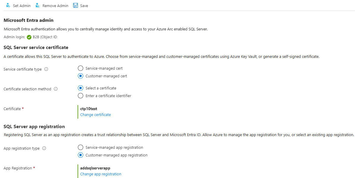 Screenshot of setting Microsoft Entra authentication in the Azure portal.